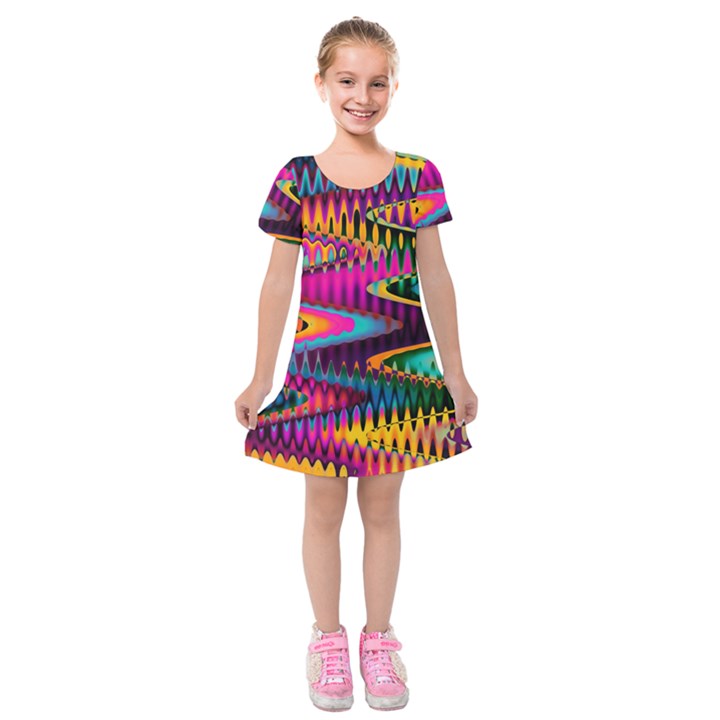 Multicolored Wave Distortion Zigzag Chevrons Kids  Short Sleeve Velvet Dress