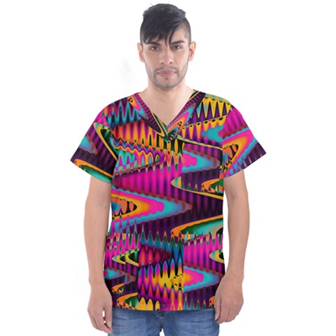 Multicolored Wave Distortion Zigzag Chevrons Men s V-neck Scrub Top by EDDArt