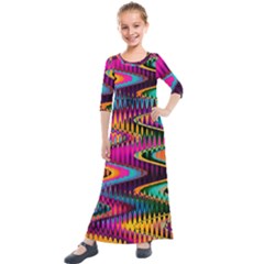 Multicolored Wave Distortion Zigzag Chevrons Kids  Quarter Sleeve Maxi Dress by EDDArt