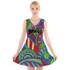 Pop Art Paisley Flowers Ornaments Multicolored 2 V-neck Sleeveless Dress by EDDArt