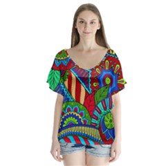 Pop Art Paisley Flowers Ornaments Multicolored 2 V-neck Flutter Sleeve Top by EDDArt