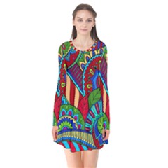 Pop Art Paisley Flowers Ornaments Multicolored 2 Long Sleeve V-neck Flare Dress by EDDArt