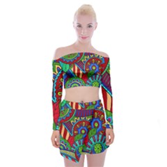 Pop Art Paisley Flowers Ornaments Multicolored 2 Off Shoulder Top With Mini Skirt Set by EDDArt