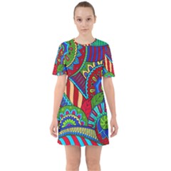 Pop Art Paisley Flowers Ornaments Multicolored 2 Sixties Short Sleeve Mini Dress by EDDArt