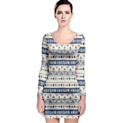 Native American Ornaments Watercolor Pattern Blue Long Sleeve Bodycon Dress by EDDArt