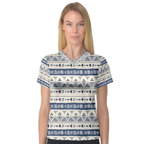 Native American Ornaments Watercolor Pattern Blue V-neck Sport Mesh Tee by EDDArt