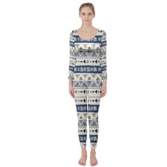 Native American Ornaments Watercolor Pattern Blue Long Sleeve Catsuit by EDDArt