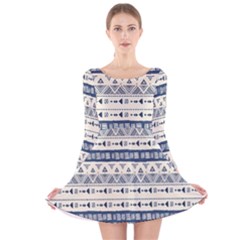 Native American Ornaments Watercolor Pattern Blue Long Sleeve Velvet Skater Dress by EDDArt