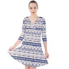 Native American Ornaments Watercolor Pattern Blue Quarter Sleeve Front Wrap Dress by EDDArt