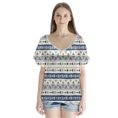 Native American Ornaments Watercolor Pattern Blue V-neck Flutter Sleeve Top by EDDArt