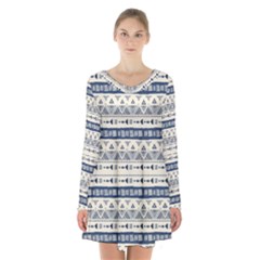 Native American Ornaments Watercolor Pattern Blue Long Sleeve Velvet V-neck Dress by EDDArt