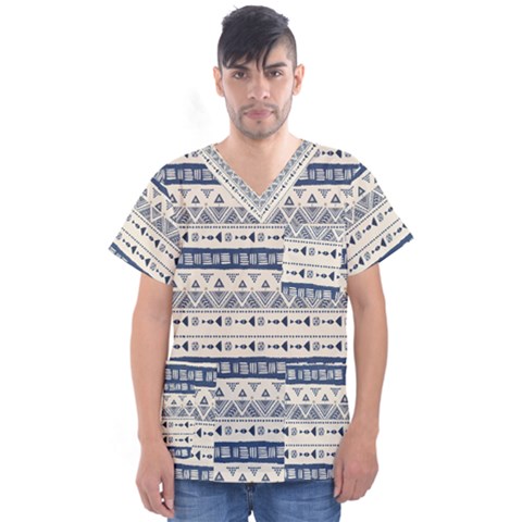 Native American Ornaments Watercolor Pattern Blue Men s V-neck Scrub Top by EDDArt