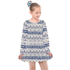 Native American Ornaments Watercolor Pattern Blue Kids  Long Sleeve Dress by EDDArt