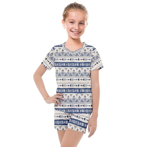 Native American Ornaments Watercolor Pattern Blue Kids  Mesh Tee And Shorts Set by EDDArt