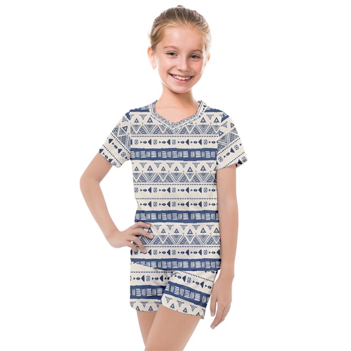 Native American Ornaments Watercolor Pattern Blue Kids  Mesh Tee and Shorts Set