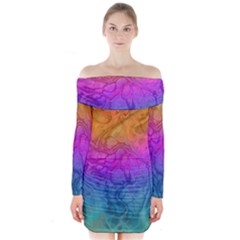 Fractal Batik Art Hippie Rainboe Colors 1 Long Sleeve Off Shoulder Dress by EDDArt