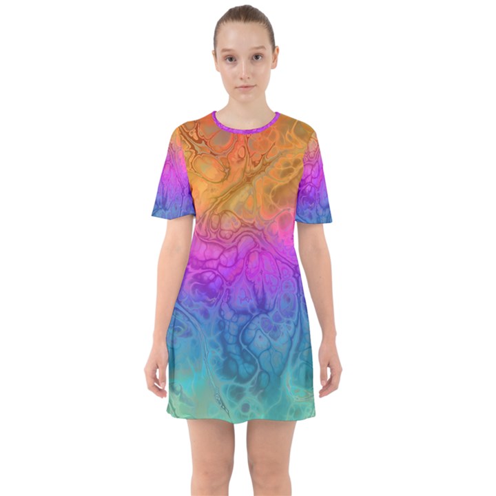 Fractal Batik Art Hippie Rainboe Colors 1 Sixties Short Sleeve Mini Dress