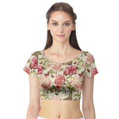 Watercolor Vintage Flowers Butterflies Lace 1 Short Sleeve Crop Top by EDDArt