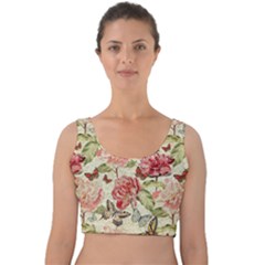 Watercolor Vintage Flowers Butterflies Lace 1 Velvet Crop Top by EDDArt