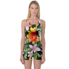 Tropical Flowers Butterflies 1 One Piece Boyleg Swimsuit by EDDArt