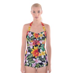 Tropical Flowers Butterflies 1 Boyleg Halter Swimsuit  by EDDArt