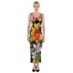 Tropical Flowers Butterflies 1 Fitted Maxi Dress by EDDArt