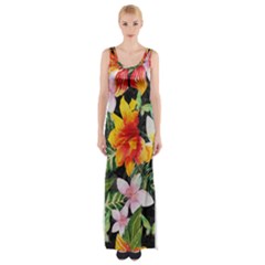 Tropical Flowers Butterflies 1 Maxi Thigh Split Dress by EDDArt