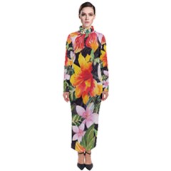 Tropical Flowers Butterflies 1 Turtleneck Maxi Dress by EDDArt