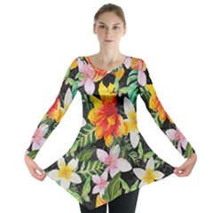 Tropical Flowers Butterflies 1 Long Sleeve Tunic  by EDDArt