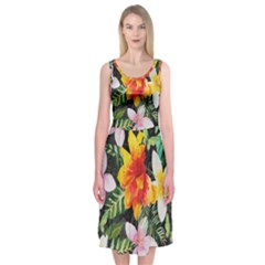 Tropical Flowers Butterflies 1 Midi Sleeveless Dress by EDDArt