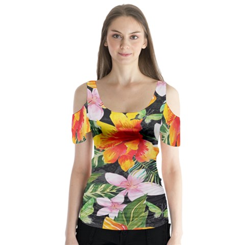 Tropical Flowers Butterflies 1 Butterfly Sleeve Cutout Tee  by EDDArt