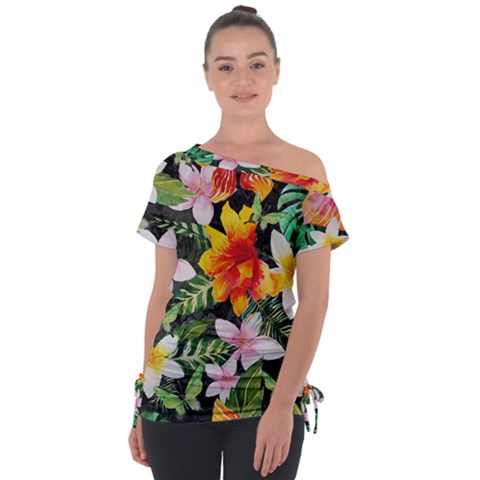 Tropical Flowers Butterflies 1 Tie-up Tee by EDDArt