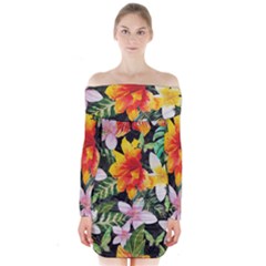 Tropical Flowers Butterflies 1 Long Sleeve Off Shoulder Dress by EDDArt