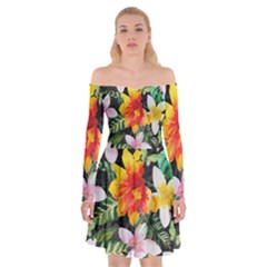 Tropical Flowers Butterflies 1 Off Shoulder Skater Dress by EDDArt