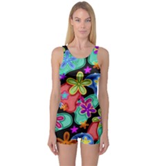 Colorful Retro Flowers Fractalius Pattern 1 One Piece Boyleg Swimsuit by EDDArt