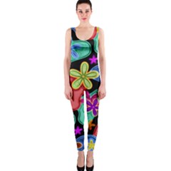 Colorful Retro Flowers Fractalius Pattern 1 One Piece Catsuit by EDDArt