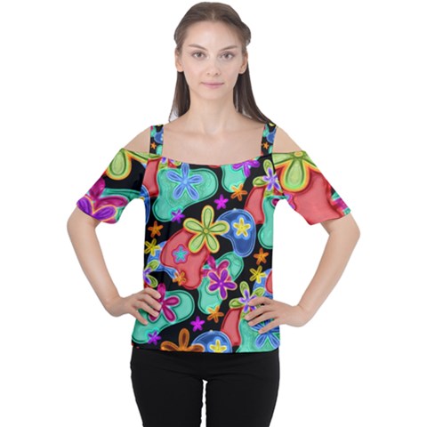 Colorful Retro Flowers Fractalius Pattern 1 Cutout Shoulder Tee by EDDArt