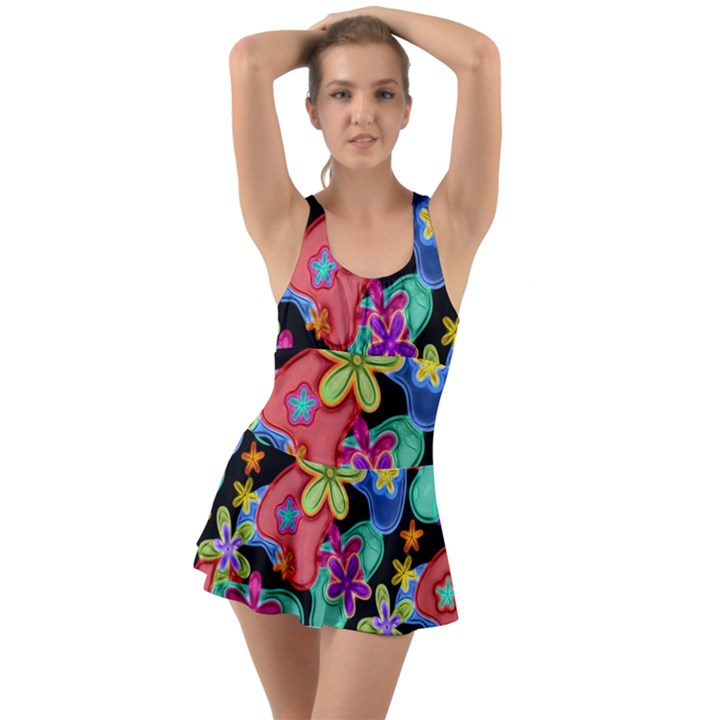 Colorful Retro Flowers Fractalius Pattern 1 Ruffle Top Dress Swimsuit