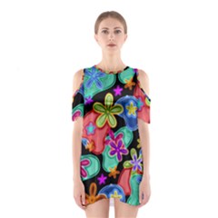 Colorful Retro Flowers Fractalius Pattern 1 Shoulder Cutout One Piece by EDDArt