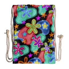 Colorful Retro Flowers Fractalius Pattern 1 Drawstring Bag (large) by EDDArt