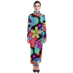 Colorful Retro Flowers Fractalius Pattern 1 Turtleneck Maxi Dress by EDDArt