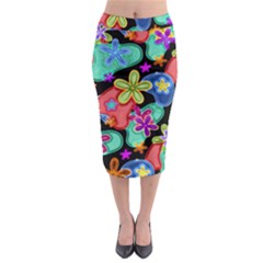 Colorful Retro Flowers Fractalius Pattern 1 Midi Pencil Skirt by EDDArt