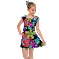 Colorful Retro Flowers Fractalius Pattern 1 Kids Cap Sleeve Dress by EDDArt