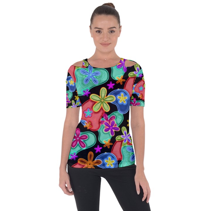 Colorful Retro Flowers Fractalius Pattern 1 Short Sleeve Top