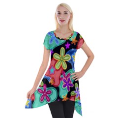 Colorful Retro Flowers Fractalius Pattern 1 Short Sleeve Side Drop Tunic by EDDArt