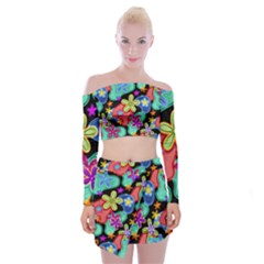 Colorful Retro Flowers Fractalius Pattern 1 Off Shoulder Top With Mini Skirt Set by EDDArt