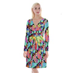 Colorful Retro Flowers Fractalius Pattern 1 Long Sleeve Velvet Front Wrap Dress by EDDArt