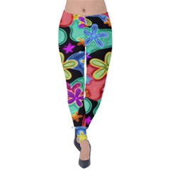 Colorful Retro Flowers Fractalius Pattern 1 Velvet Leggings by EDDArt