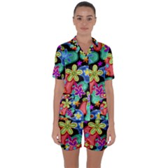 Colorful Retro Flowers Fractalius Pattern 1 Satin Short Sleeve Pyjamas Set