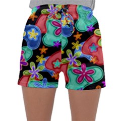 Colorful Retro Flowers Fractalius Pattern 1 Sleepwear Shorts by EDDArt